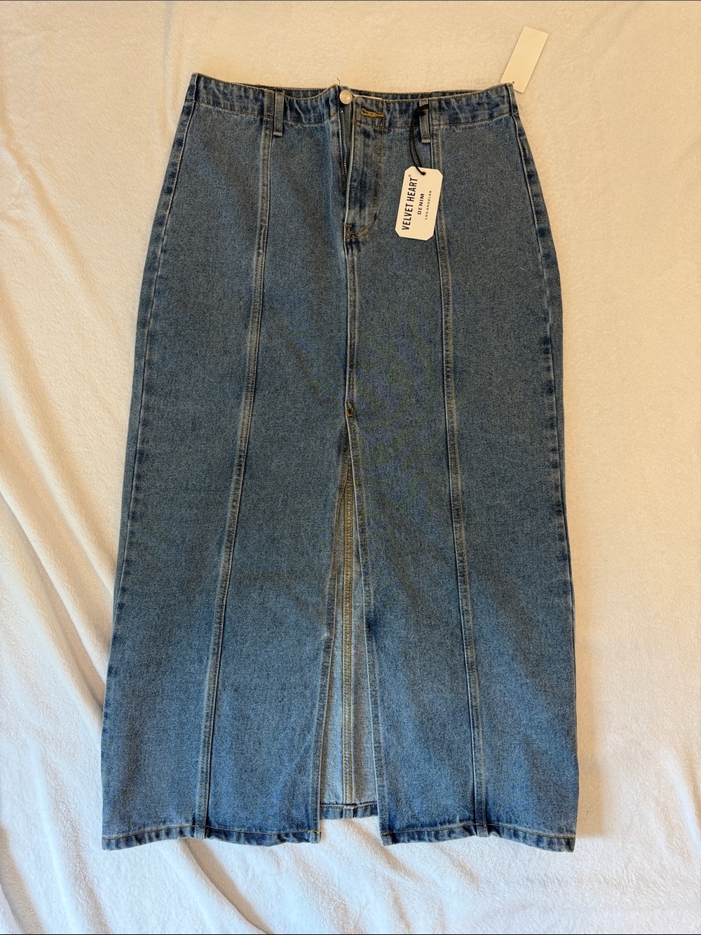 Velvet Heart Blue Denim Midi Skirt with Front Slit